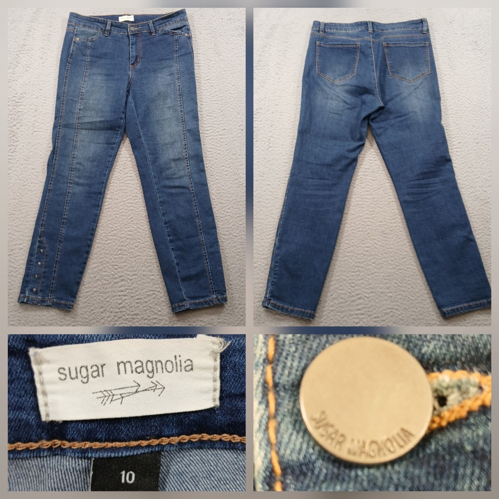 Sugar‎ Magnolia Front Seam Studded Flare Jeans Women's 10 Blue Denim EUC